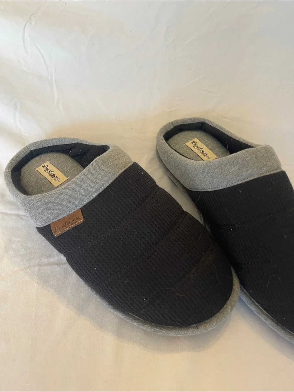 Men's Black Slip-On Quilted House Shoes with Grey Trim dearfoams